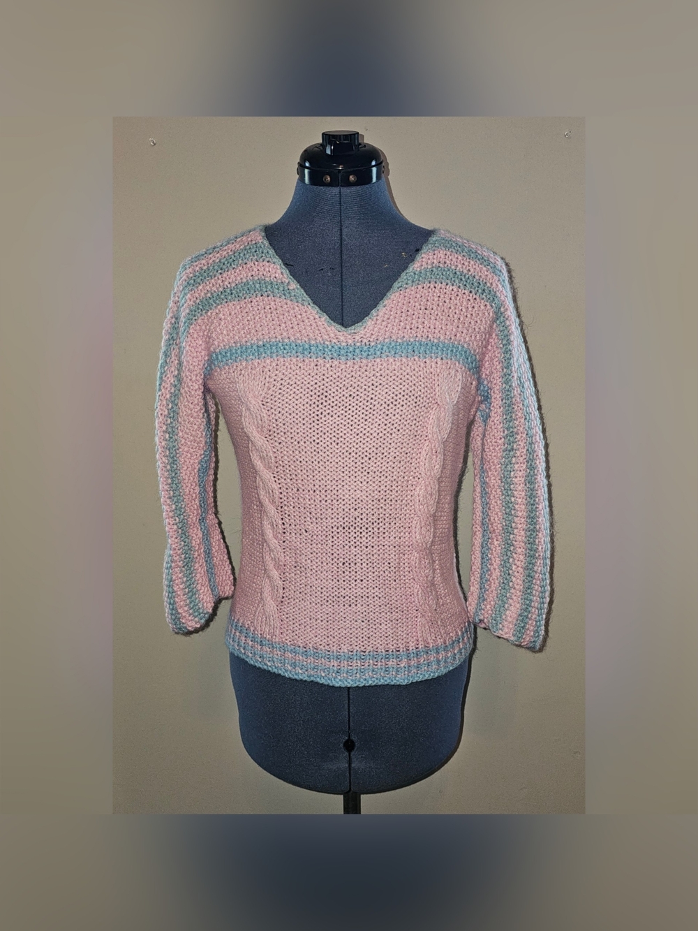 TA EXCLUSIVE Vintage Handmade Crochet Pink & Blue 3/4 Sleeve Sweater